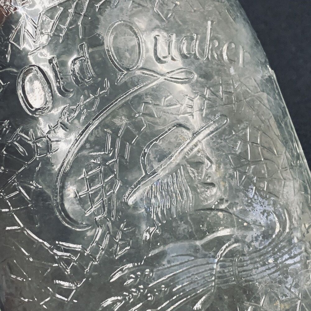 Vintage OLD QUAKER Embossed Pint Whiskey Bottle Clear Crackled Glass Twist Lid